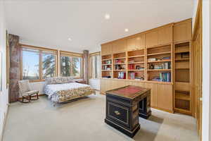 Bedroom featuring recessed lighting and light carpet