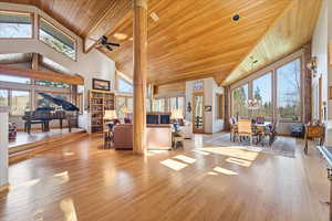 Living room with wooden ceiling, light wood finished floors, high vaulted ceiling, and a ceiling fan