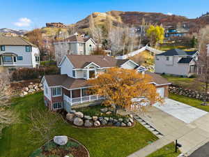 Aerial perspective of suburban area featuring mountains
