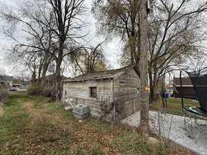 View of yard with a trampoline and a shed