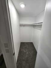 Walk in closet with dark carpet