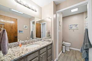 Full bathroom with vanity, curtained shower, and light wood-style flooring