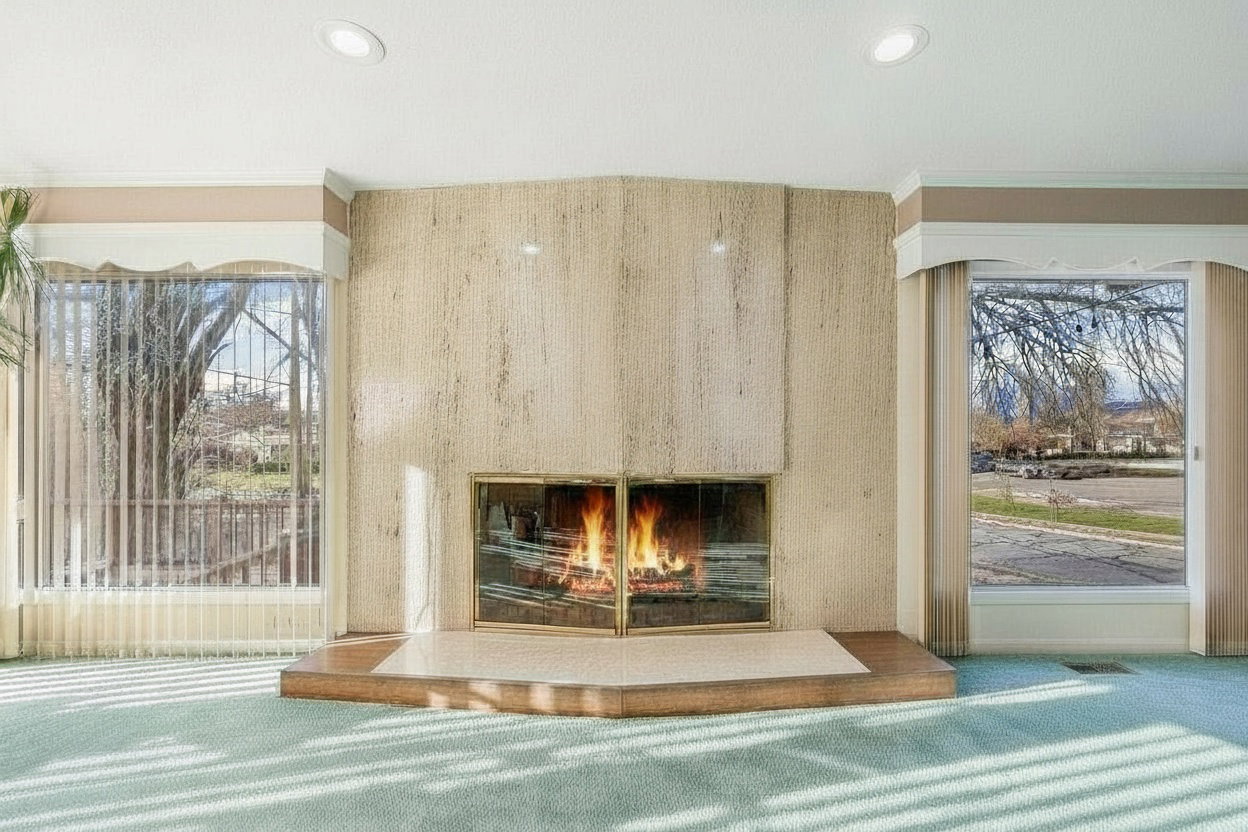 Corner fireplace featuring a textured surround, brass-framed glass doors, and an elevated hearth