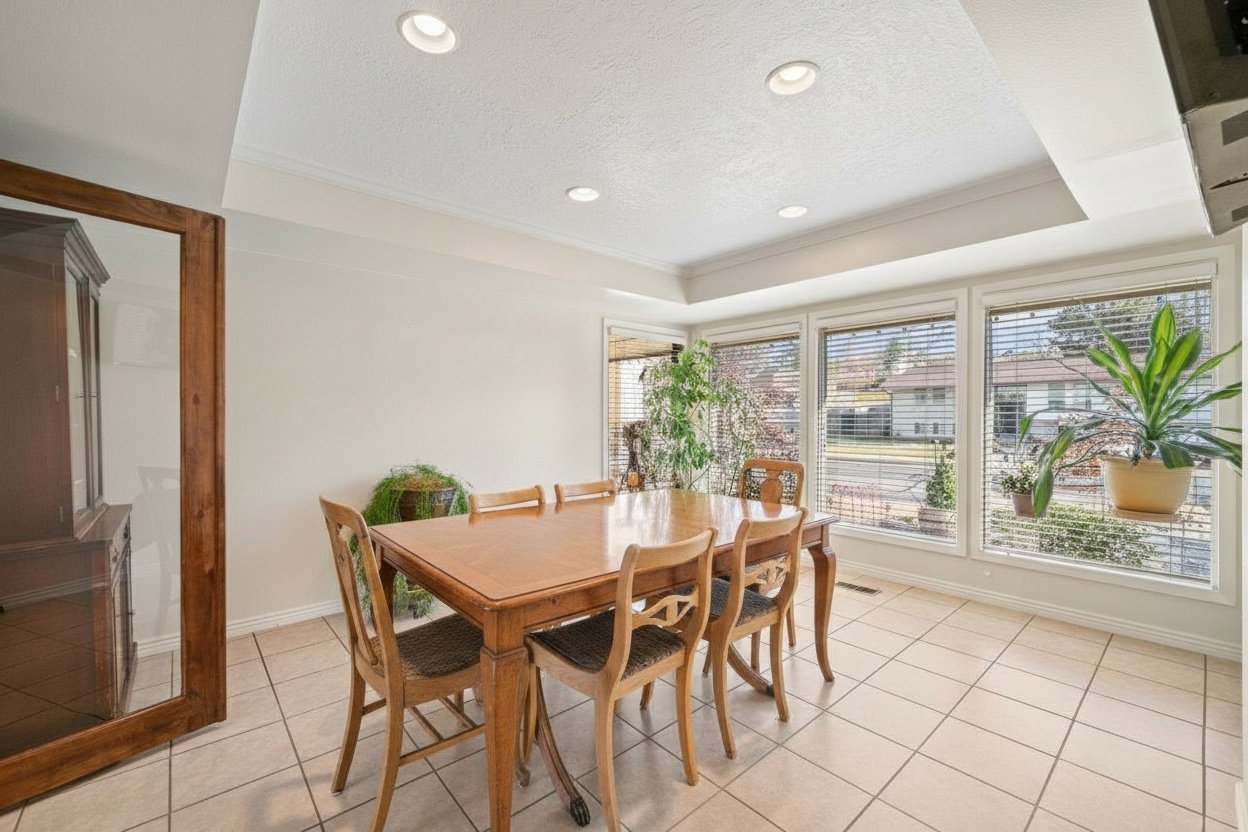 Dining area featuring a tray ceiling with recessed lighting, large windows, and neutral tile flooring