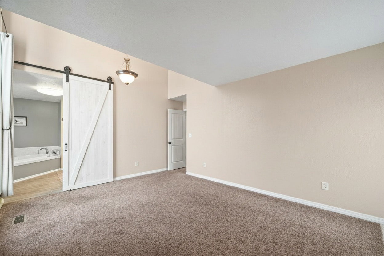 Neutral-toned room featuring a white barn door, a built-in soaking tub, sloped ceiling, and a dome light fixture