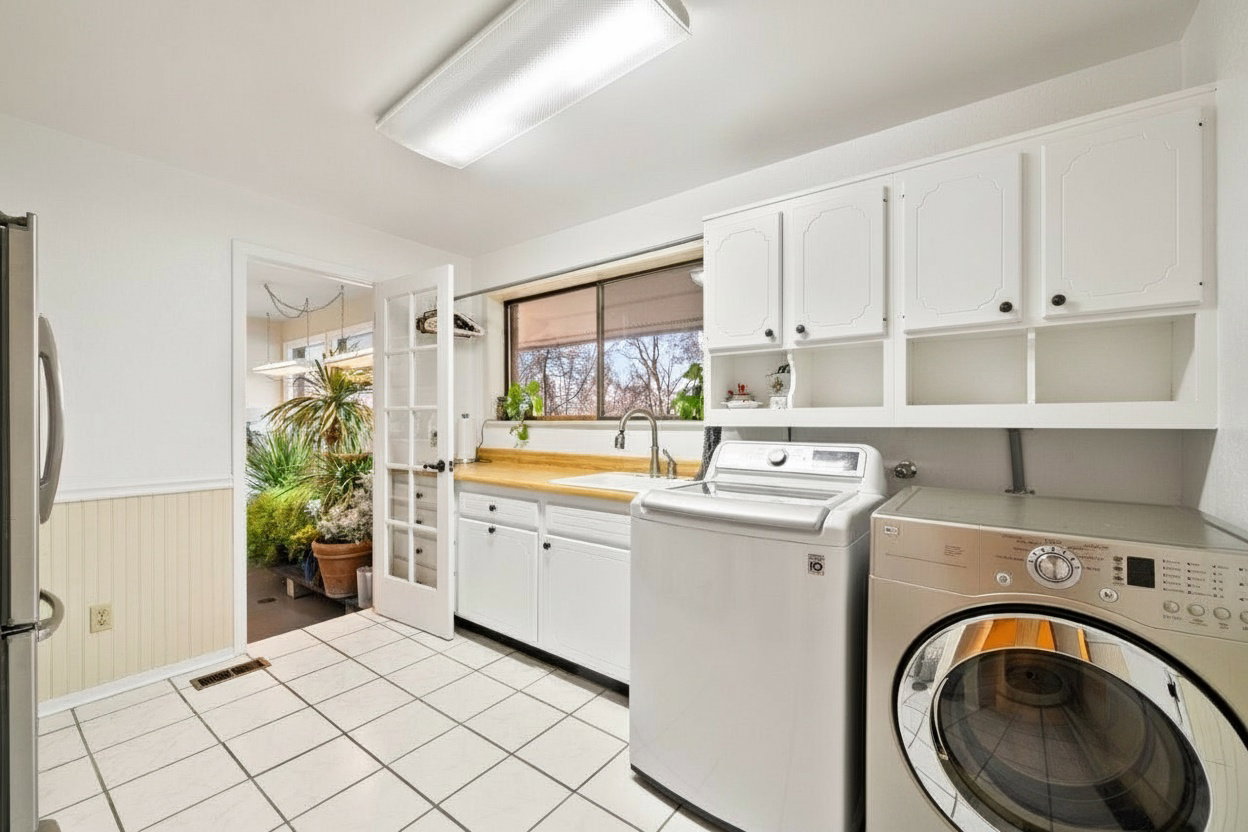 Utility room featuring white shaker-style cabinetry, a wood-finish countertop, white tiled flooring, and a window with natural light