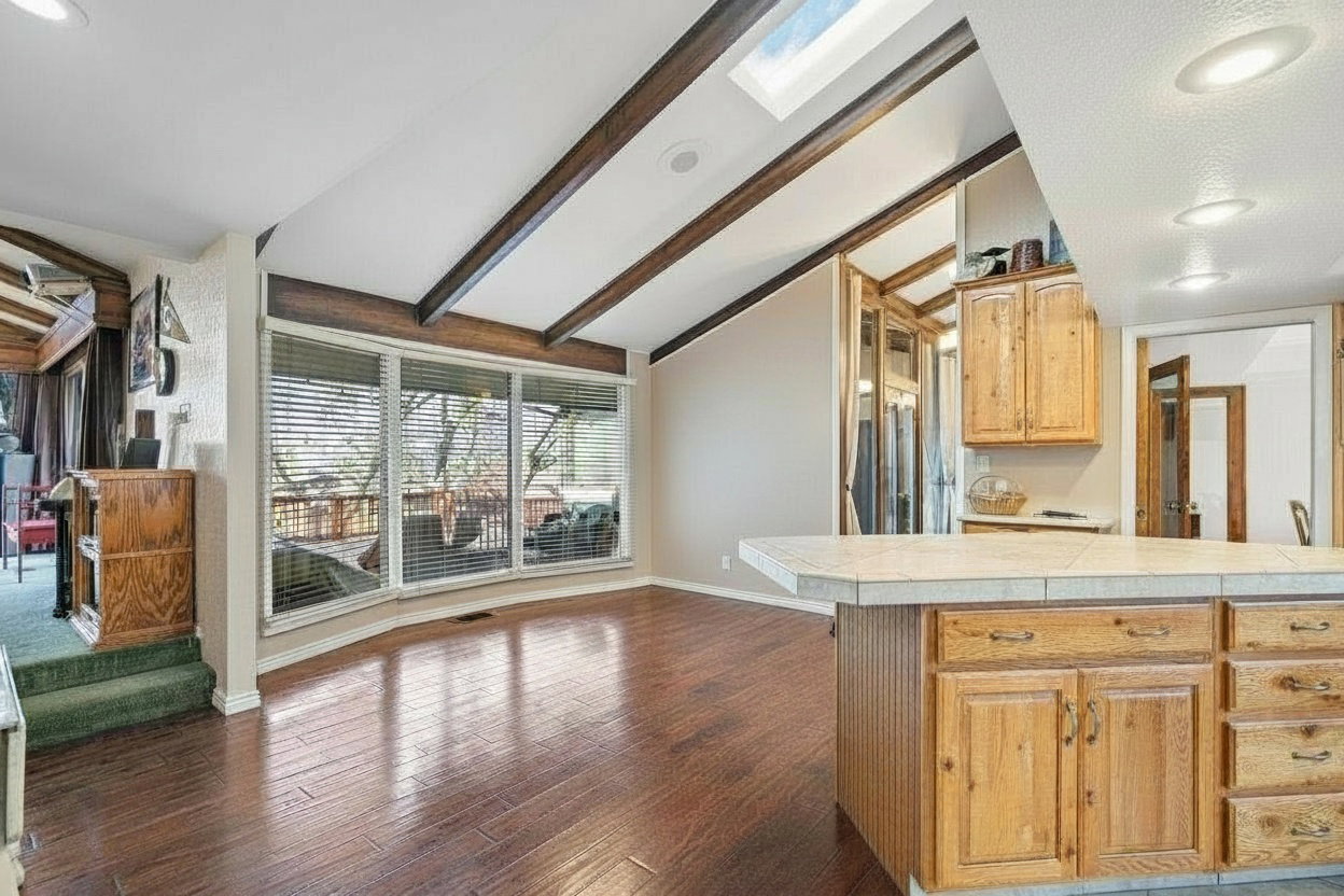 Vaulted ceiling with exposed wood beams