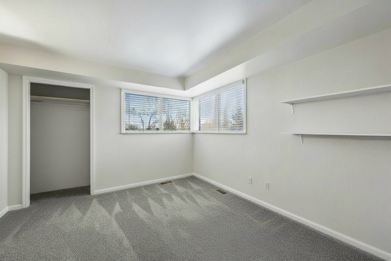 Bright room featuring an expansive window with blinds, soft gray patterned carpeting, recessed closet space, and two built-in wall shelves