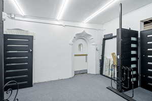 Workout room featuring a textured wall, carpet, and a textured ceiling