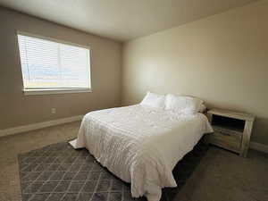 Bedroom with baseboards and dark colored carpet
