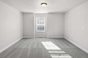 Unfurnished room featuring light carpet and a textured ceiling