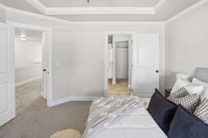 Bedroom featuring light colored carpet, ornamental molding, and a walk in closet