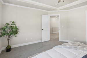 Bedroom with a raised ceiling, ornamental molding, carpet floors, and ceiling fan