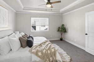 Carpeted bedroom with crown molding, a tray ceiling, and a ceiling fan