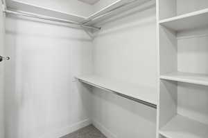 Spacious closet with light carpet