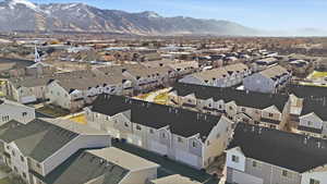 Aerial view of residential area with mountains