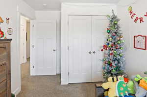 Carpeted bedroom featuring a closet