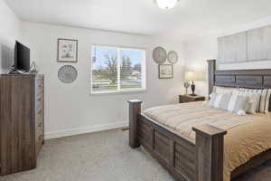 Bedroom with light carpet and baseboards