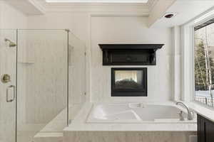 Bathroom featuring a garden tub, a stall shower, and crown molding