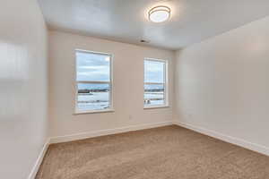 Unfurnished room featuring light carpet and a textured ceiling