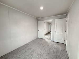 Carpeted empty room with ornamental molding and a decorative wall