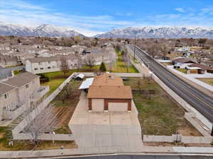 Aerial perspective of suburban area with mountains