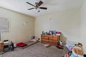 Bedroom featuring carpet and ceiling fan
