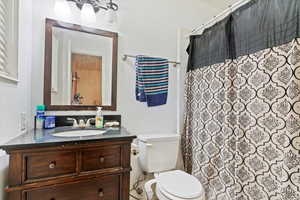 Bathroom featuring vanity and a shower with shower curtain