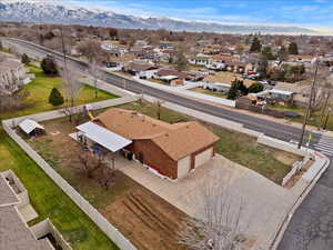 Aerial view of residential area with mountains