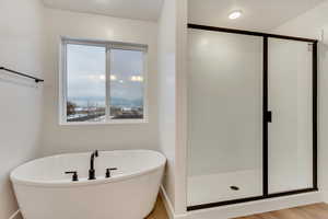 Bathroom with a freestanding tub, a stall shower, and light wood-type flooring