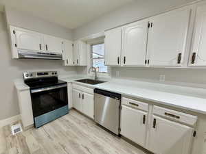 Kitchen with stainless steel appliances and white cabinets