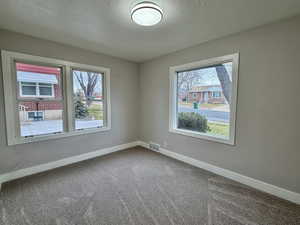 Unfurnished room with a textured ceiling, carpet flooring, and healthy amount of natural light
