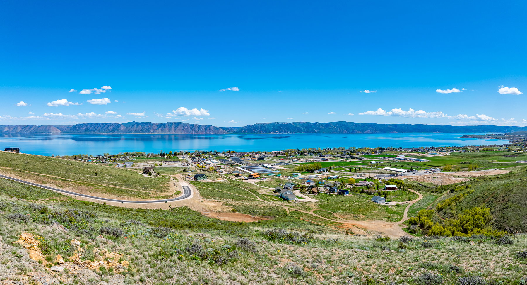 Aerial view of a water and mountain view