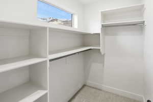 Walk in closet with light colored carpet