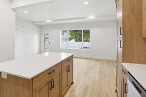Kitchen featuring brown cabinetry, light wood-type flooring, a kitchen island, stainless steel dishwasher, and recessed lighting