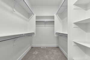 Walk in closet with light colored carpet