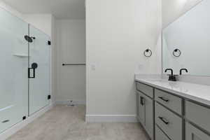 Full bathroom featuring vanity and a shower stall