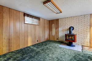 Below grade area with a wood stove, carpet floors, wood walls, and a textured ceiling