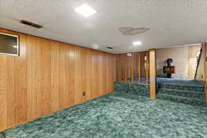 Finished below grade area with wood walls, carpet flooring, stairs, and a wood stove