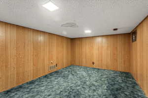 Finished below grade area featuring wooden walls and carpet flooring