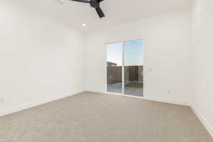 Unfurnished room with light carpet, ceiling fan, and recessed lighting