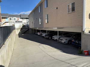 Covered parking lot with stairway