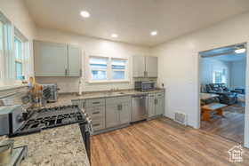 Kitchen featuring light wood-type flooring, stainless steel appliances, gray cabinets, recessed lighting, and ceiling fan