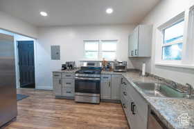 Kitchen with gray cabinetry, appliances with stainless steel finishes, recessed lighting, and light wood finished floors