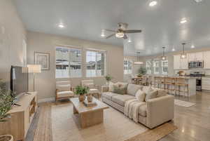 (VIRTUALLY STAGED)  room with a ceiling fan, light wood-type flooring, recessed lighting, and healthy amount of natural light