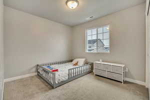 Bedroom featuring carpet floors and a textured ceiling