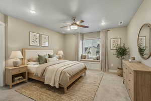 (VIRTUALLY STAGED)  with light carpet, a ceiling fan, and recessed lighting