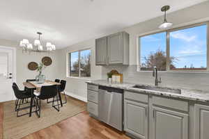 Kitchen featuring gray cabinets, hanging light fixtures, light stone countertops, backsplash, and dishwasher