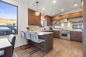 Kitchen featuring open shelves, a breakfast bar area, modern cabinets, high end stainless steel range oven, and vaulted ceiling