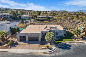 Aerial perspective of suburban area with mountains